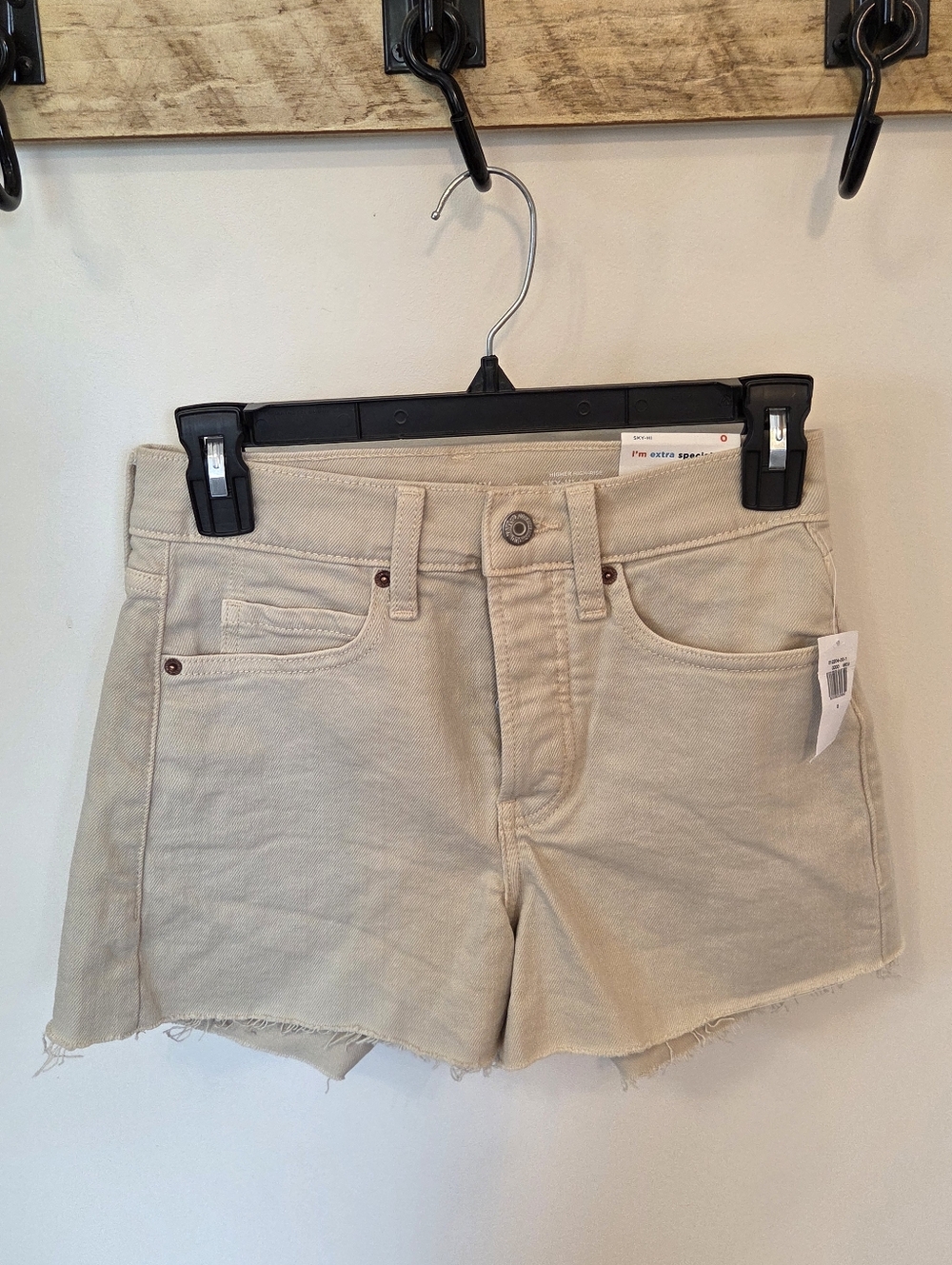 Old Navy Womens Beige Denim Cutoff 5 Button Shorts Sz 0 Sky High A Line NWT $35